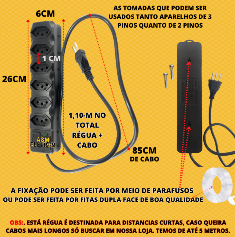 FILTRO DE LINHA RÉGUA DE TOMADAS 6 tomadas tripolar 10 Amperes com fusível