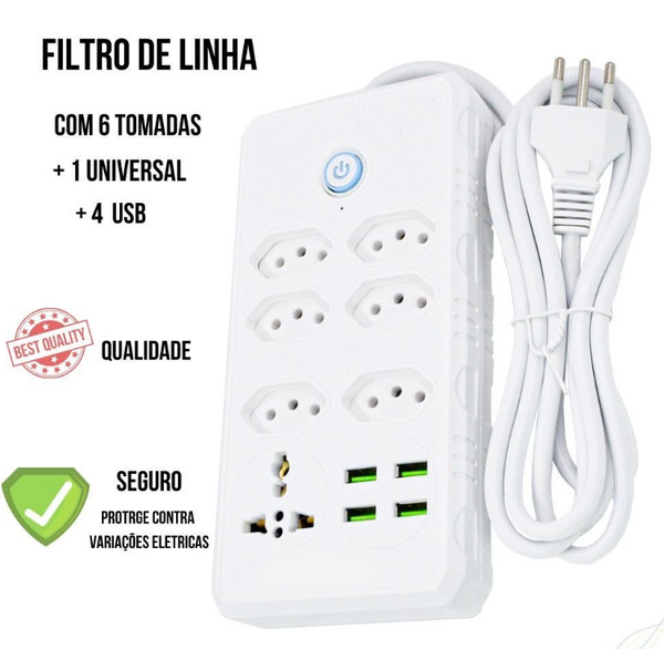 Régua Filtro de Linha com 7 Tomadas Extensão Elétrica 1 Universal 4 USB Bivolt 10A 110v/220v Cabo de 2 Metros Seguro