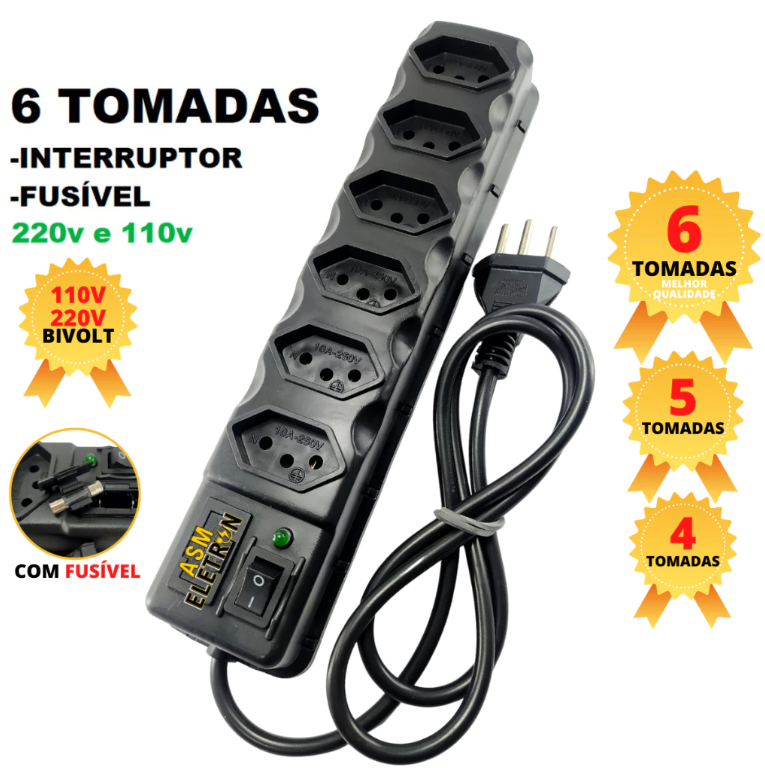 FILTRO DE LINHA RÉGUA DE TOMADAS 6 tomadas tripolar 10 Amperes com fusível
