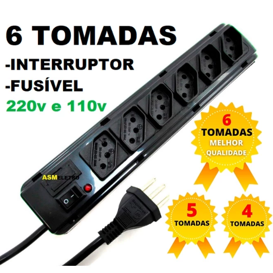 FILTRO DE LINHA RÉGUA DE TOMADAS 6 tomadas tripolar 10 Amperes com fusível