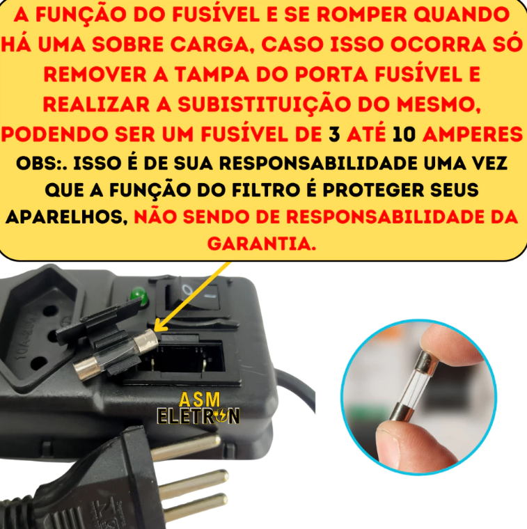 FILTRO DE LINHA RÉGUA DE TOMADAS 6 tomadas tripolar 10 Amperes com fusível