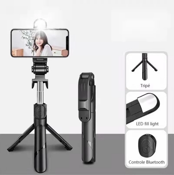 Bastão Pau de selfie Tripé Retrátil Com Luz LED Controle Bluetooth Celular